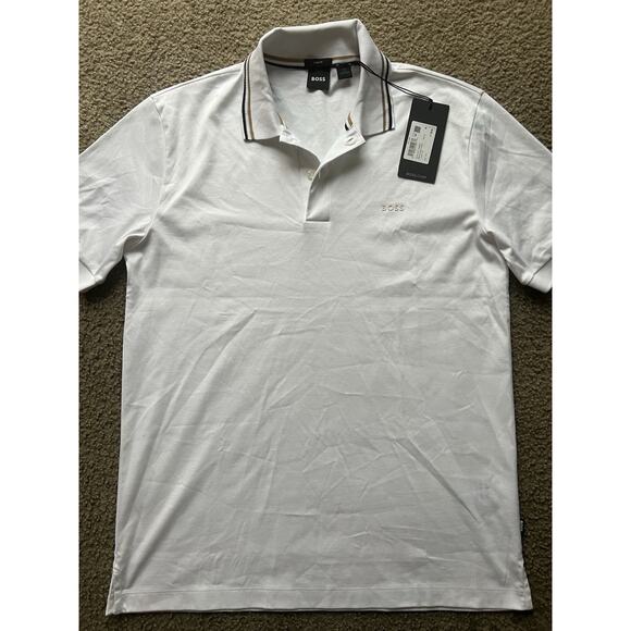 BOSS PENROSE 38 STRIPED COLLAR SLIM FIT POLO SHIRT Whit, Size M, NEW - Picture 2 of 10